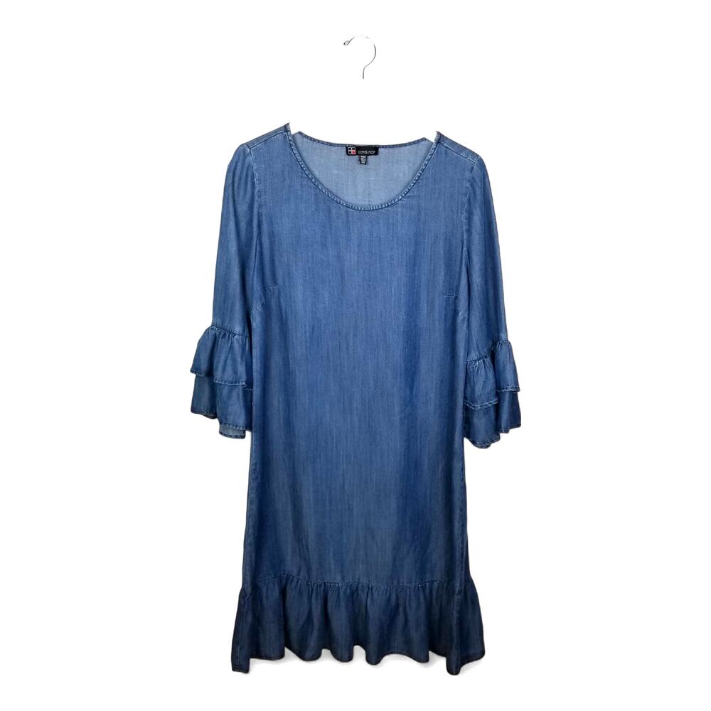 Carré Noir Denim Chambray Dress Ruffled Hem and Cuffs Scoop Neck - Medium